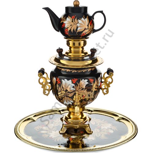 Самовар электрический 3 литра с худ.росписью «Хохлома белые цветы на чёрном» формы «Овал» в наборе