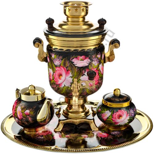 Самовар электрический 3 литра с худ. росписью «Пионы на чёрном в золоте» формы «Банка» в наборе