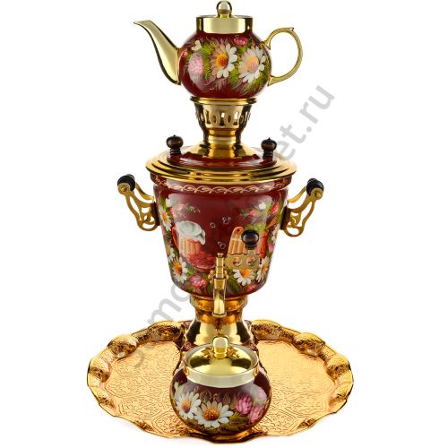 Самовар электрический 3 литра с художественной росписью «Баня» в наборе, формы «Рюмка гладкая»