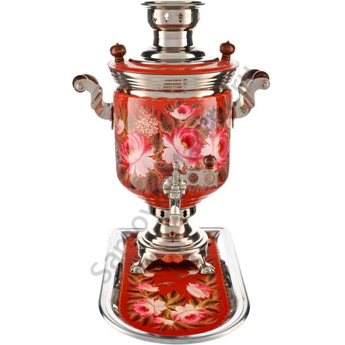Самовар электрический 7 л с автооткл., худ.росписью «Пионы в серебре» формы «Банка» с подносом