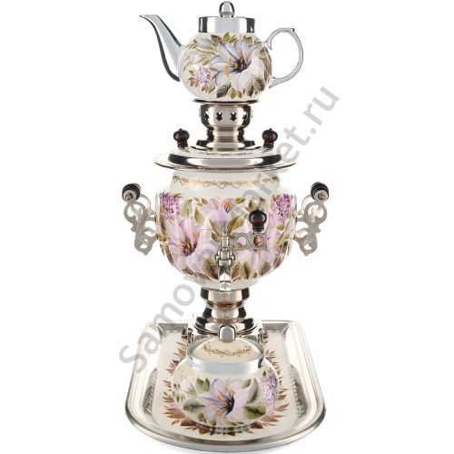 Самовар электрический 3 литра с худ. росписью «Лилии на белом в серебре» в наборе,  формы «Овал»