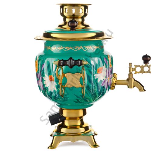 Самовар электрический 3 литра с худ. росписью «Нарциссы на зелёном в золоте» формы «Овал» 