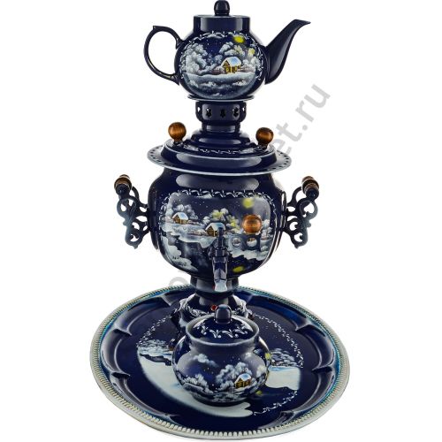 Самовар электрический 3 л. с авто.откл. худ.росписью «Зима» формы «Овал» в наборе из 4 предметов