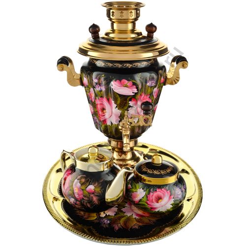 Самовар электрический 3 литра с художественной росписью «Пионы на чёрном» формы «Рюмка» в наборе