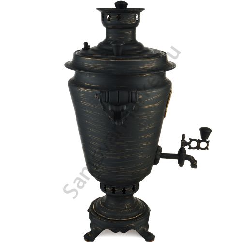 Самовар на дровах 7 литров формы «Рюмка с гербом РФ», золотые нити в патине, категория «Эксклюзив»