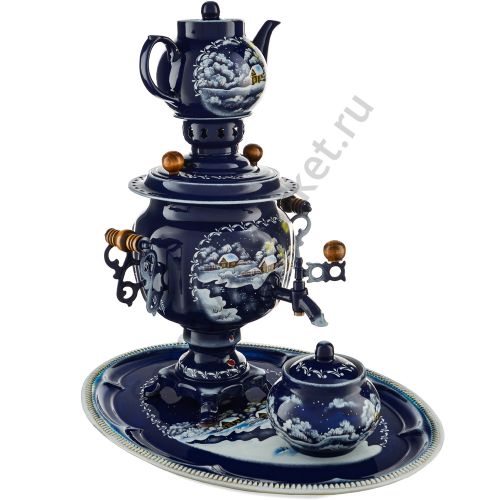 Самовар электрический 3 л. с авто.откл. худ.росписью «Зима» формы «Овал» в наборе из 4 предметов