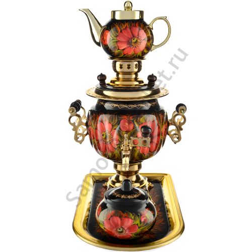 Самовар электрический 3 литра с автоотключением,худ.росписью «Маки на чёрном» формы«Овал» в наборе