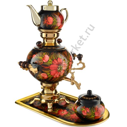 Самовар электрический 3 литра с художественной росписью «Маки на чёрном» формы «Шар» в наборе