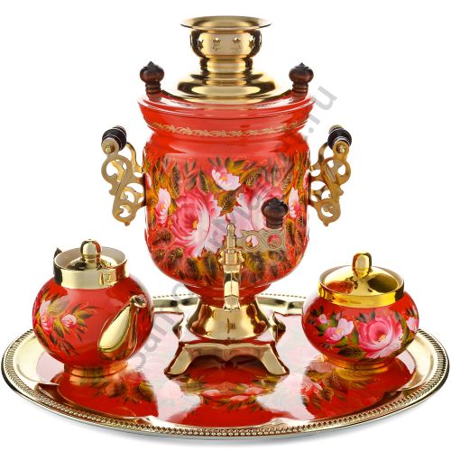 Самовар электрический 3 литра с худ.росписью «Пионы на красном в золоте» формы «Банка» в наборе