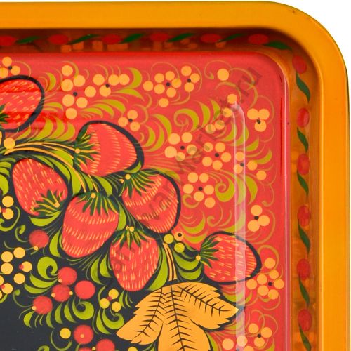 Поднос для самовара прямоугольный с художественной росписью «Клубника в зелени №2 на красном»