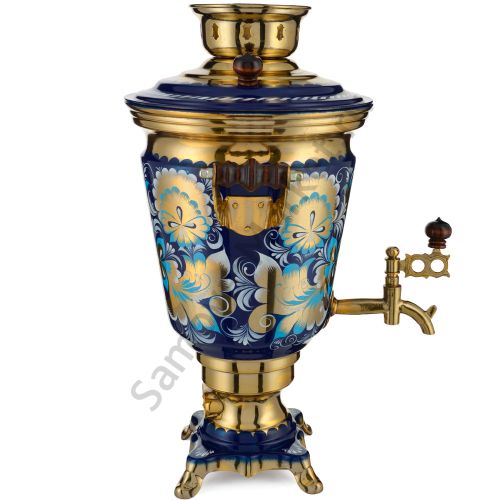 Самовар электрический 4 литра с художественной росписью «Кудрина синяя» формы «Рюмка»