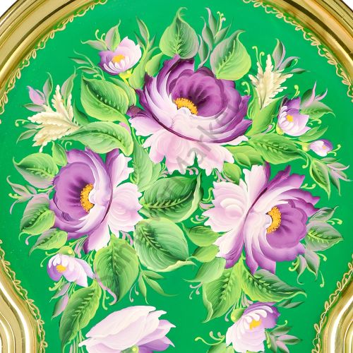 Поднос для самовара формы «Замочная скважина малая» с худ. росписью «Пионы на зелёном в золоте» 