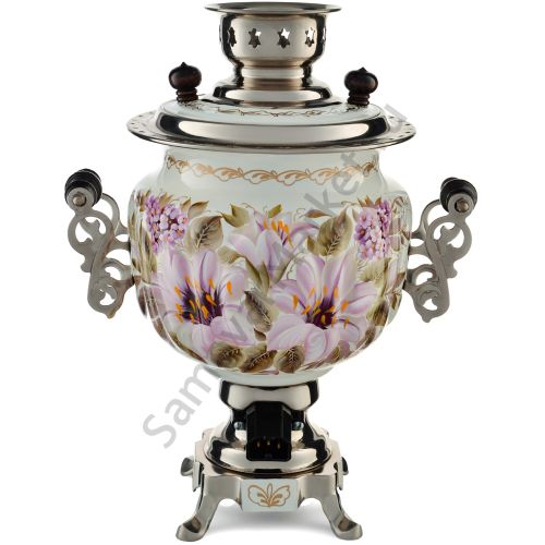 Самовар электрический 3 литра с художественной росписью «Лилии на белом в серебре» формы «Овал»