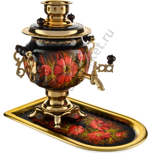 Самовар электрический 3 литра с автоотключением,худ.росписью «Маки на чёрном» формы«Овал» с подносом