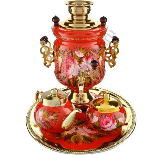 Самовар электрический 3 литра с худ.росписью «Пионы на красном в золоте» формы «Банка» в наборе