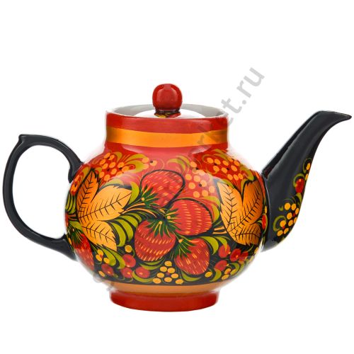 Чайник заварочный для самовара с художественной росписью «Клубника в зелени №2 на красном»