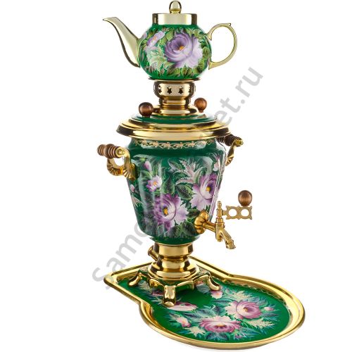 Самовар электрический 3 литра с художественной росписью «Пионы на зелёном» в наборе, формы «Рюмка»
