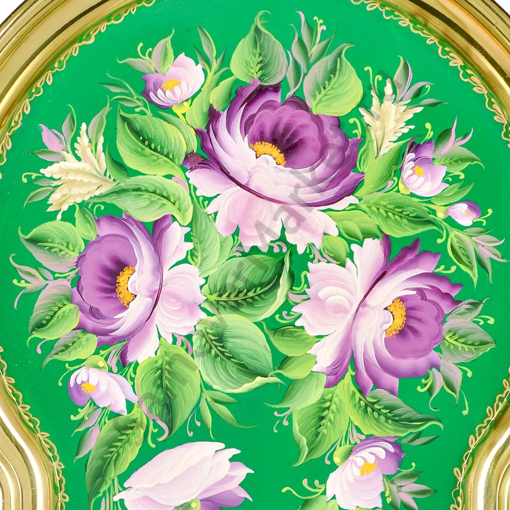 Поднос для самовара формы «Замочная скважина малая» с худ. росписью «Пионы на зелёном в золоте» Поднос для самовара формы «Замочная скважина малая» с худ. росписью «Пионы на зелёном в золоте»