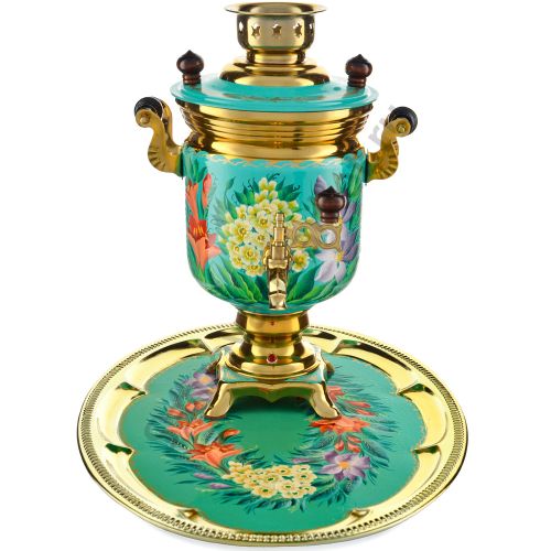 Самовар электрический 3 л. с автоотключением.,худ.росписью «Весенние цветы» с подносом формы «Банка»