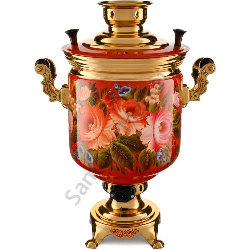 Самовар электрический 10л с автоотключением, худ.росписью «Пионы на красном в золоте» формы «Банка»