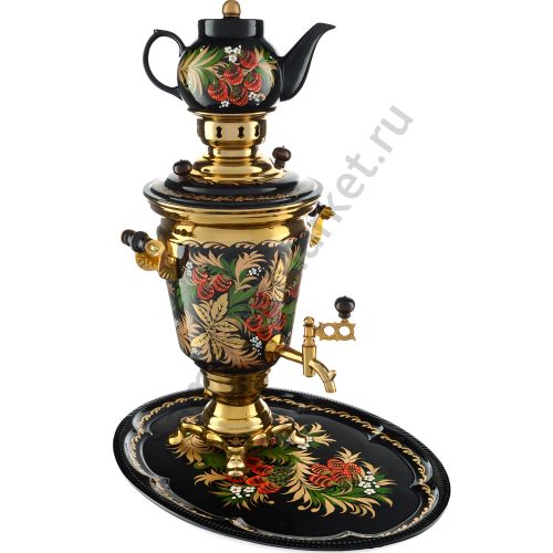 Самовар электрический 4 литра художественной росписью «Хохлома клубника» формы «Рюмка» в наборе