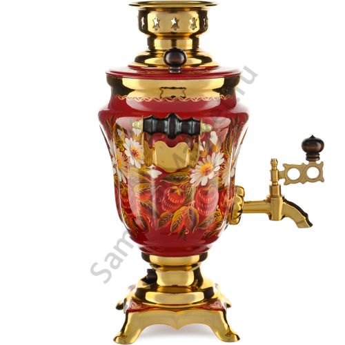 Самовар электрический 1,5 литра с худ. росписью «Ромашки с клубникой в золоте» формы «Тюльпан»