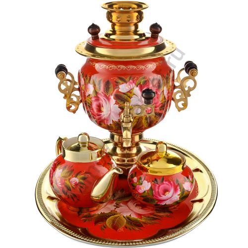 Самовар электрический 3 литра с худ.росписью «Пионы на красном в золоте» формы «Овал» в наборе
