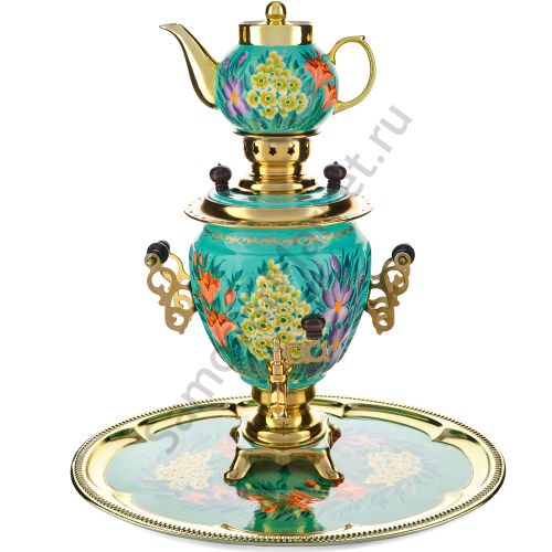 Самовар электрический 3 литра с худ. росписью «Весенние цветы в золоте» в наборе формы «Жёлудь»