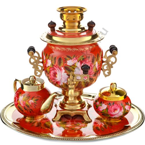 Самовар электрический 3 литра с худ.росписью «Пионы на красном в золоте» формы «Овал» в наборе