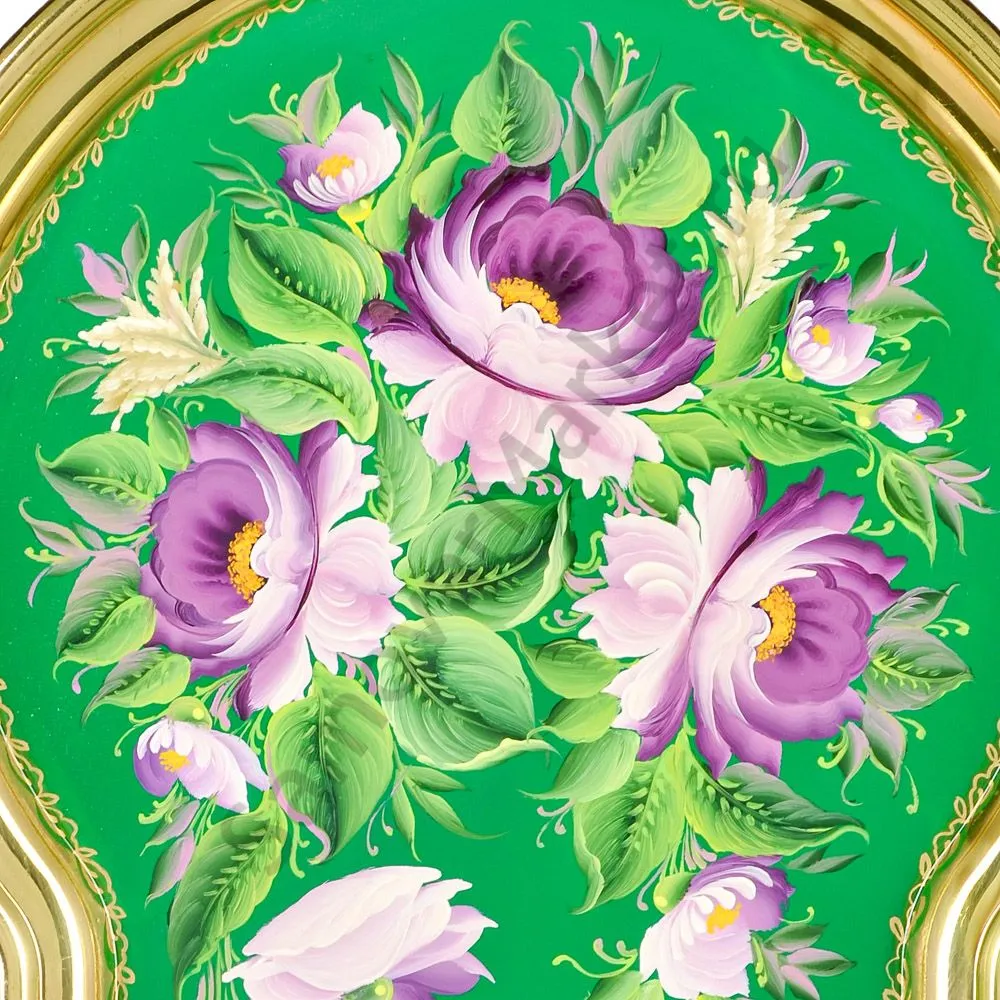 Поднос для самовара формы «Замочная скважина малая» с худ. росписью «Пионы на зелёном в золоте» Поднос для самовара формы «Замочная скважина малая» с худ. росписью «Пионы на зелёном в золоте»