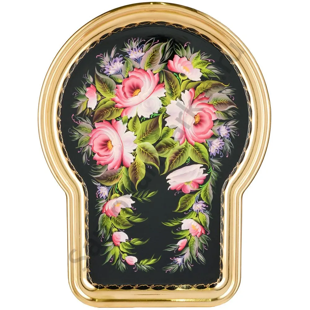 Поднос для самовара формы «Замочная скважина малая» с худ. росписью «Пионы на чёрном в золоте» Поднос для самовара формы «Замочная скважина малая» с худ. росписью «Пионы на чёрном в золоте»