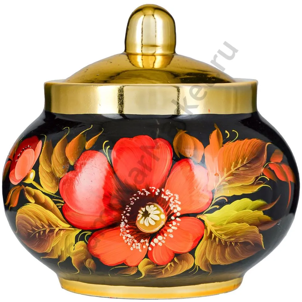 Сахарница с художественной росписью «Маки на чёрном»