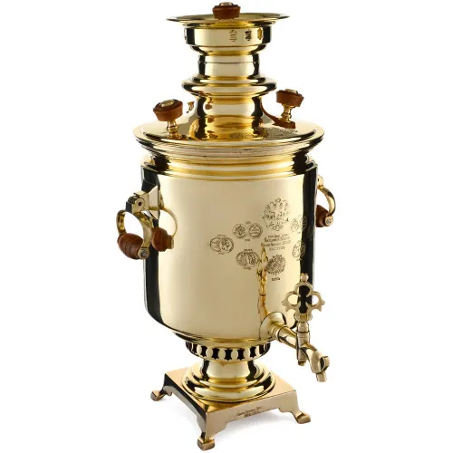 Самовар антикварный на дровах 5 литров формы «Банка» Н.И. Баташевах с медалями, золотистый
