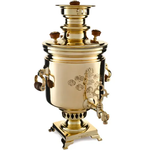 Самовар антикварный на дровах 6,5 литров формы «Банка» Н.И. Баташевах с медалями, золотистый