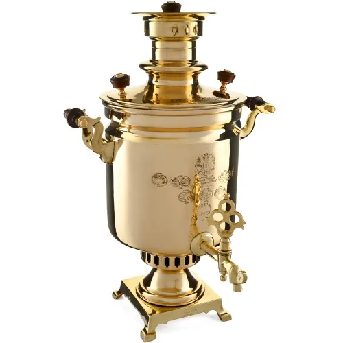 Самовар антикварный на дровах 7 литров формы «Банка» Н.И. Баташева с медалями, золотистый Самовар антикварный на дровах 7 литров формы «Банка» Н.И. Баташева с медалями, золотистый