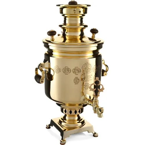 Самовар антикварный на дровах 5,5 литров формы «Банка» Баташева с медалями, золотой Самовар антикварный на дровах 5,5 литров формы «Банка» Баташева с медалями, золотой