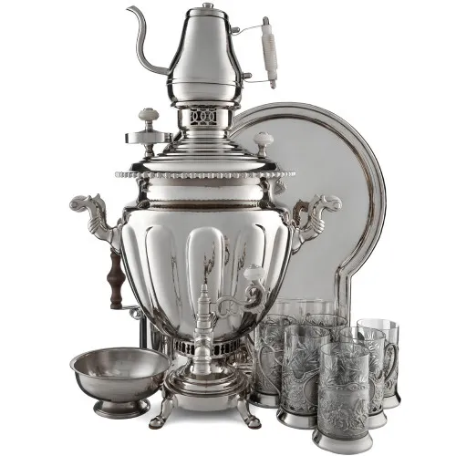 Самовар антикварный на дровах 6,5 л. формы «Ваза дольная», фурнитура кость, в наборе из 17 предметов
