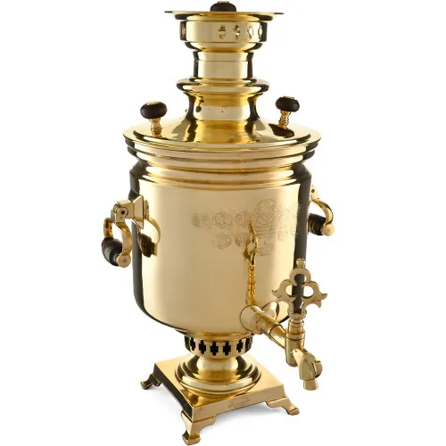 Самовар антикварный комбинированный 7,5 литров формы «Банка» Шемариных с медалями, золотистый Самовар антикварный комбинированный 7,5 литров формы «Банка» Шемариных с медалями, золотистый