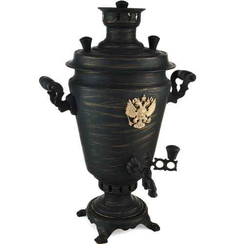 Самовар на дровах 7 литров формы «Рюмка с гербом РФ», золотые нити в патине, категория «Эксклюзив»