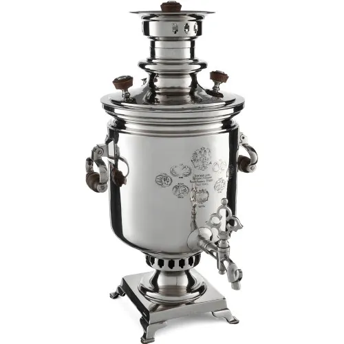 Самовар антикварный на дровах 6,5 литров формы «Банка» Н.И. Баташева с медалями, серебристый Самовар антикварный на дровах 6,5 литров формы «Банка» Н.И. Баташева с медалями, серебристый