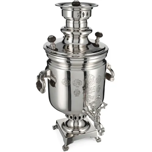 Самовар антикварный на дровах 5 литров формы «Банка» Баташева с медалями, серебристый Самовар антикварный на дровах 5 литров формы «Банка» Баташева с медалями, серебристый