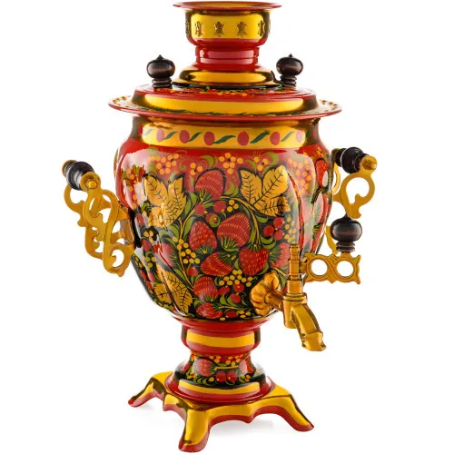 Самовар электрический 3 л. с художественной росписью «Клубника в зелени №2 на красном» формы«Жёлудь»