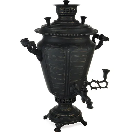 Самовар антикварный на дровах 5,5 литра формы «Рюмка гранная», золотые нити в патине