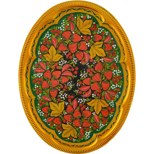 Поднос для самовара овальный с художественной росписью «Клубника в зелени №2 на зелёном» Поднос для самовара овальный с художественной росписью «Клубника в зелени №2 на зелёном»