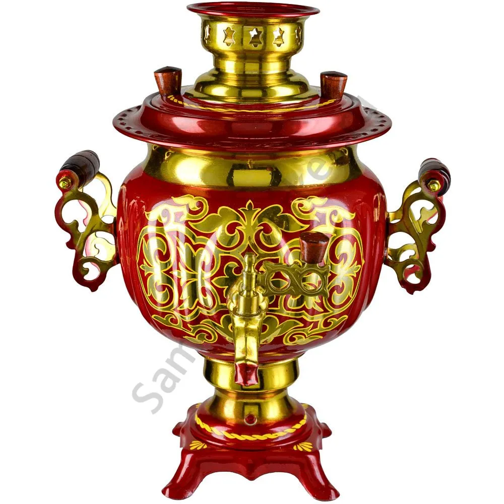 Самовар электрический 3 литра с автоотключением, худ. росписью «Орнамент красный» формы «Овал» Самовар электрический 3 литра с автоотключением, худ. росписью «Орнамент красный» формы «Овал»