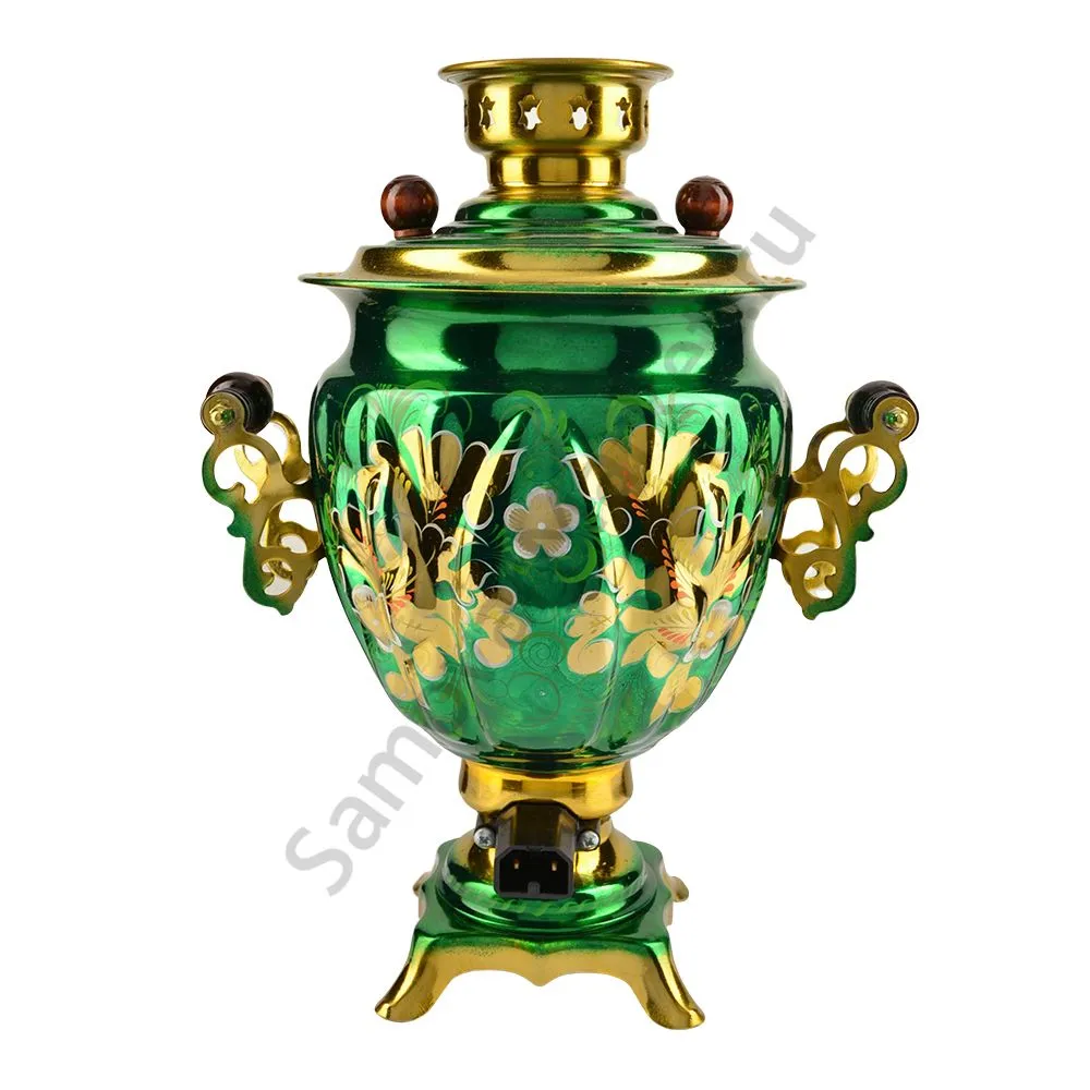 Самовар электрический 3 литра с художественной росписью «Кудрина зелёная» формы «Жёлудь» Самовар электрический 3 литра с художественной росписью «Кудрина зелёная» формы «Жёлудь»