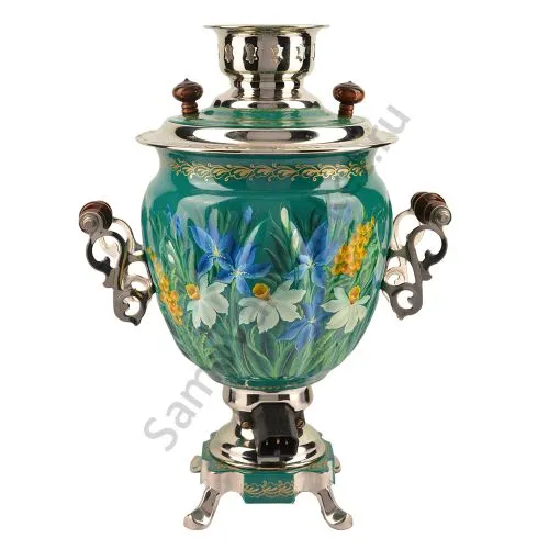 Самовар электрический 3 литра с художественной росписью «Нарциссы на зелёном» формы «Жёлудь»