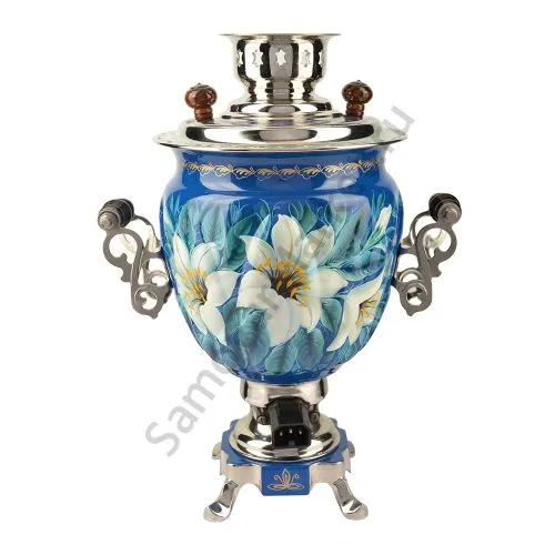 Самовар электрический 3 литра с художественной росписью «Лилии на синем» формы «Жёлудь»