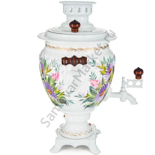 Самовар электрический 3 л с автоотключением,худ.росписью «Герберы на белом» формы «Жёлудь» 