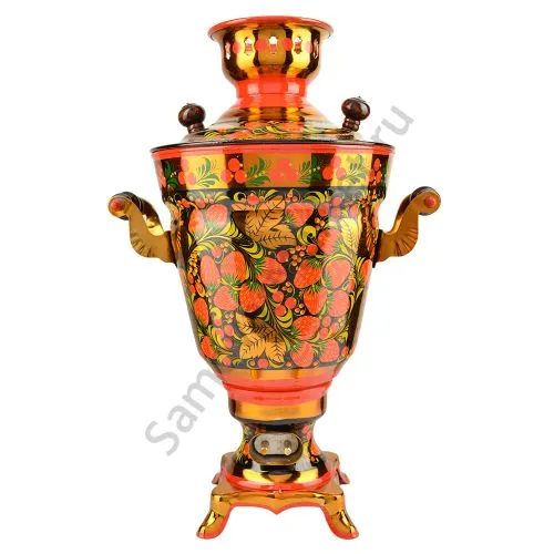 Самовар электрический 3 литра с художественной росписью «Клубника в зелени №2» формы «Рюмка гладкая»